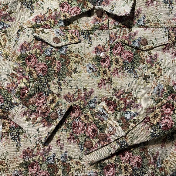 VINTAGE BILL BLASS FLORAL TAPESTRY JEAN JACKET - Picture 4 of 5